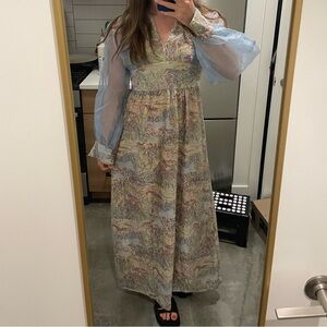 Vintage Blue and Tan Pleated Tiered Maxi Dress